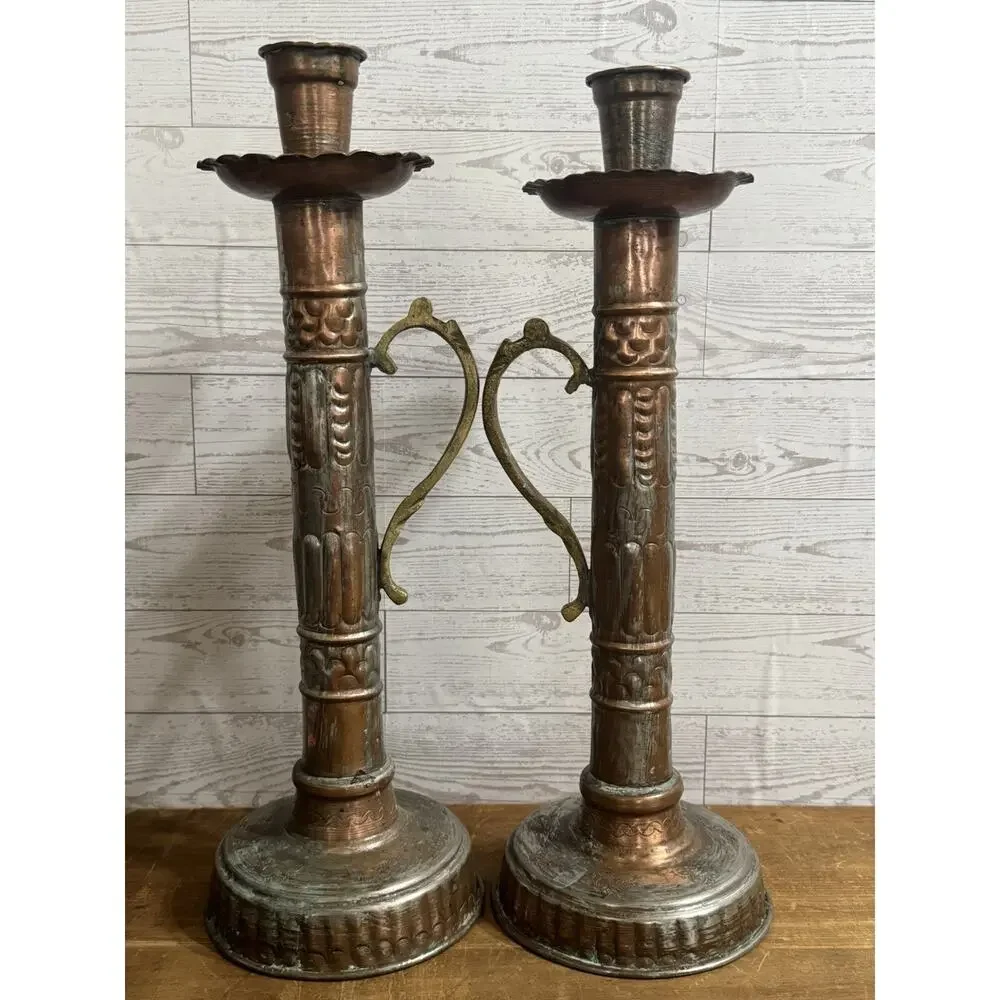 2 Large Metal Ornate Candlesticks with Handle Great Patina